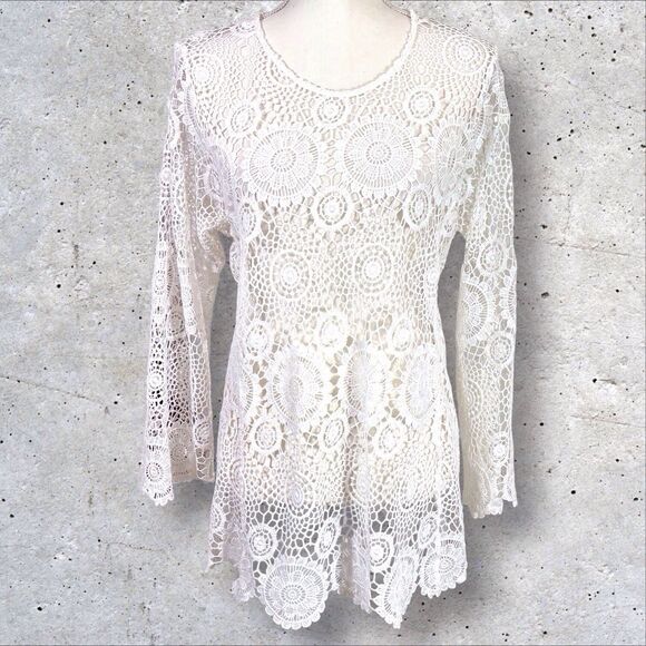 Calessa Crocheted Lace Tunic Top Boho Coastal Beach Womens Small White - Picture 1 of 8